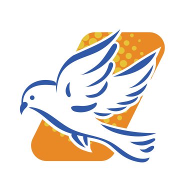 Rozet şeklindeki küçük kuşun çizgi çizimi. Logo için geometrik şekilli güvercin çizimi.