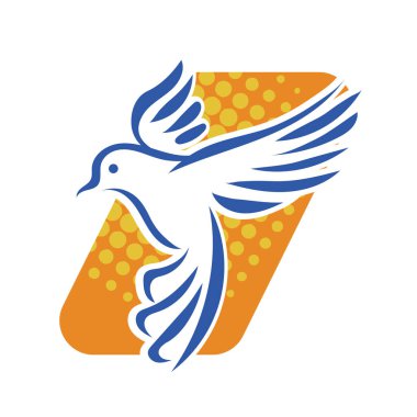 Rozet şeklindeki küçük kuşun çizgi çizimi. Logo için geometrik şekilli güvercin çizimi.