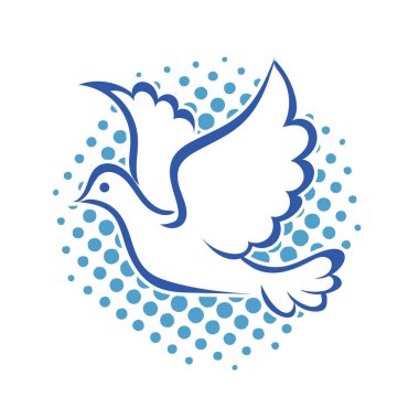 Rozet şeklindeki küçük kuşun çizgi çizimi. Logo için geometrik şekilli güvercin çizimi.