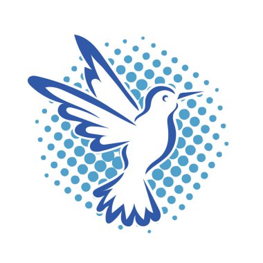Rozet şeklindeki küçük kuşun çizgi çizimi. Logo için geometrik şekilli güvercin çizimi.