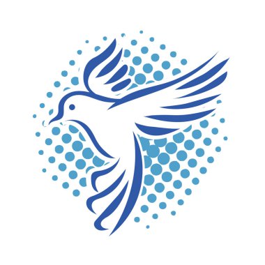 Rozet şeklindeki küçük kuşun çizgi çizimi. Logo için geometrik şekilli güvercin çizimi.