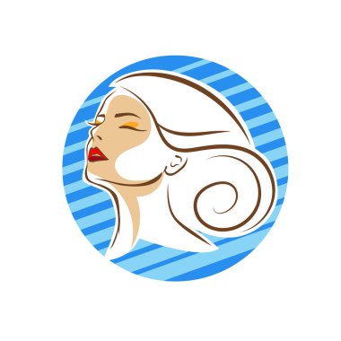 Saç ve güzellikle ilgili logo ya da ilgili herhangi bir grafik amaç için süs rozeti şekilli kadın profili çizimi.