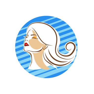 Saç ve güzellikle ilgili logo ya da ilgili herhangi bir grafik amaç için süs rozeti şekilli kadın profili çizimi.