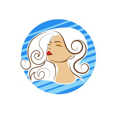 Saç ve güzellikle ilgili logo ya da ilgili herhangi bir grafik amaç için süs rozeti şekilli kadın profili çizimi.