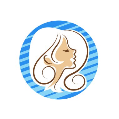 Saç ve güzellikle ilgili logo ya da ilgili herhangi bir grafik amaç için süs rozeti şekilli kadın profili çizimi.