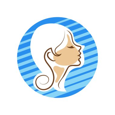 Saç ve güzellikle ilgili logo ya da ilgili herhangi bir grafik amaç için süs rozeti şekilli kadın profili çizimi.