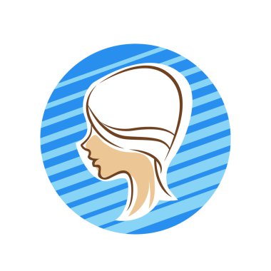 Saç ve güzellikle ilgili logo ya da ilgili herhangi bir grafik amaç için süs rozeti şekilli kadın profili çizimi.
