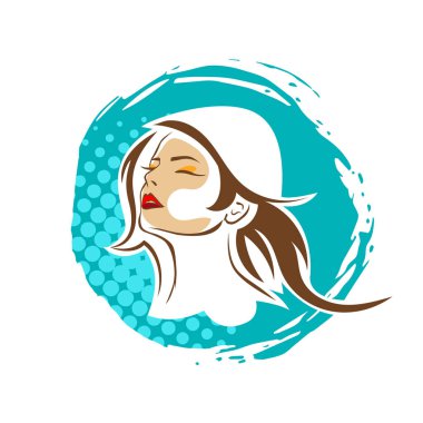 Saç ve güzellikle ilgili logo ya da ilgili herhangi bir grafik amaç için süs rozeti şekilli kadın profili çizimi.