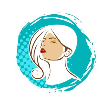 Saç ve güzellikle ilgili logo ya da ilgili herhangi bir grafik amaç için süs rozeti şekilli kadın profili çizimi.