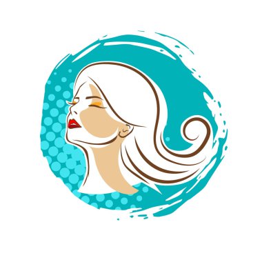 Saç ve güzellikle ilgili logo ya da ilgili herhangi bir grafik amaç için süs rozeti şekilli kadın profili çizimi.