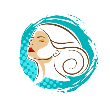 Saç ve güzellikle ilgili logo ya da ilgili herhangi bir grafik amaç için süs rozeti şekilli kadın profili çizimi.