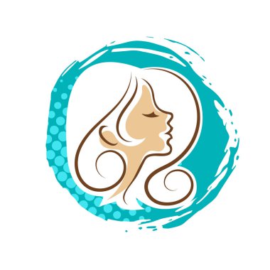 Saç ve güzellikle ilgili logo ya da ilgili herhangi bir grafik amaç için süs rozeti şekilli kadın profili çizimi.