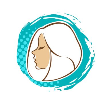 Saç ve güzellikle ilgili logo ya da ilgili herhangi bir grafik amaç için süs rozeti şekilli kadın profili çizimi.