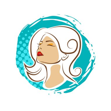 Saç ve güzellikle ilgili logo ya da ilgili herhangi bir grafik amaç için süs rozeti şekilli kadın profili çizimi.