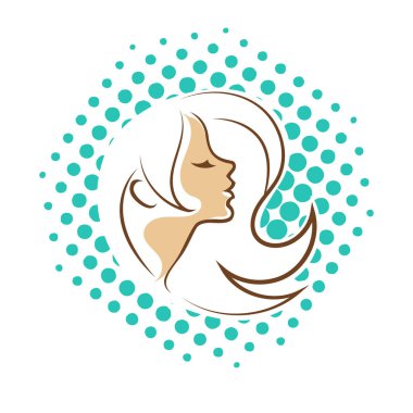 Saç ve güzellikle ilgili logo ya da ilgili herhangi bir grafik amaç için süs rozeti şekilli kadın profili çizimi.