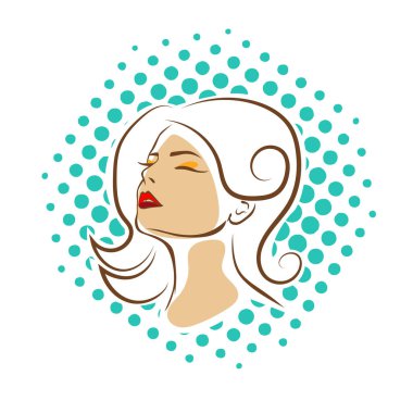 Saç ve güzellikle ilgili logo ya da ilgili herhangi bir grafik amaç için süs rozeti şekilli kadın profili çizimi.