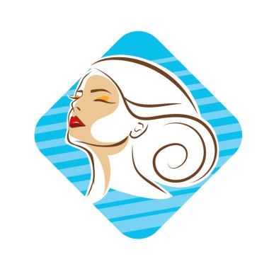 Saç ve güzellikle ilgili logo ya da ilgili herhangi bir grafik amaç için süs rozeti şekilli kadın profili çizimi.