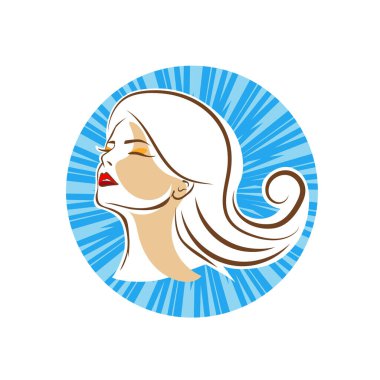 Saç ve güzellikle ilgili logo ya da ilgili herhangi bir grafik amaç için süs rozeti şekilli kadın profili çizimi.