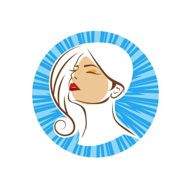 Saç ve güzellikle ilgili logo ya da ilgili herhangi bir grafik amaç için süs rozeti şekilli kadın profili çizimi.