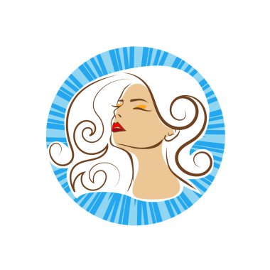 Saç ve güzellikle ilgili logo ya da ilgili herhangi bir grafik amaç için süs rozeti şekilli kadın profili çizimi.