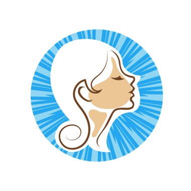 Saç ve güzellikle ilgili logo ya da ilgili herhangi bir grafik amaç için süs rozeti şekilli kadın profili çizimi.
