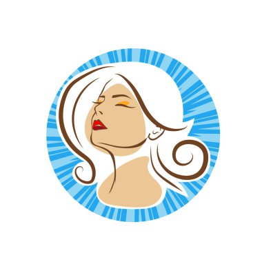 Saç ve güzellikle ilgili logo ya da ilgili herhangi bir grafik amaç için süs rozeti şekilli kadın profili çizimi.