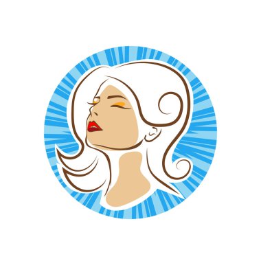 Saç ve güzellikle ilgili logo ya da ilgili herhangi bir grafik amaç için süs rozeti şekilli kadın profili çizimi.