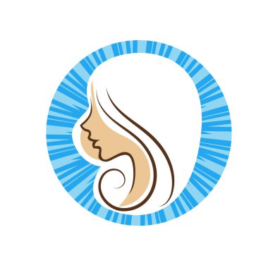 Saç ve güzellikle ilgili logo ya da ilgili herhangi bir grafik amaç için süs rozeti şekilli kadın profili çizimi.