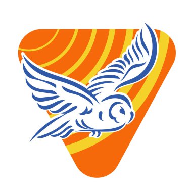 Baykuşun stilize edilmiş çizgi çizimi. Rozet şeklinde. Logo için geometrik şekilli küçük bir baykuş çizimi.