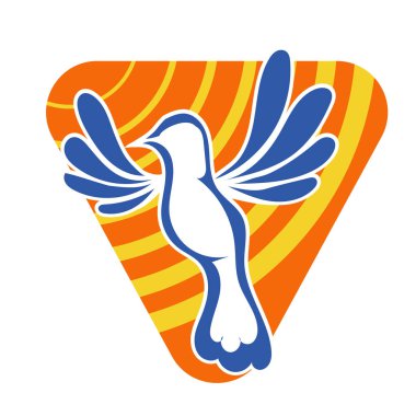 Rozet şeklindeki küçük kuşun çizgi çizimi. Logo için geometrik şekilli güvercin çizimi.