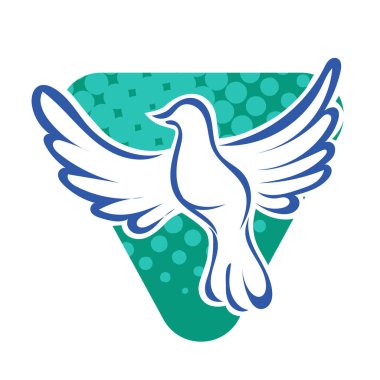 Rozet şeklindeki küçük kuşun çizgi çizimi. Logo için geometrik şekilli güvercin çizimi.