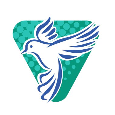 Rozet şeklindeki küçük kuşun çizgi çizimi. Logo için geometrik şekilli güvercin çizimi.