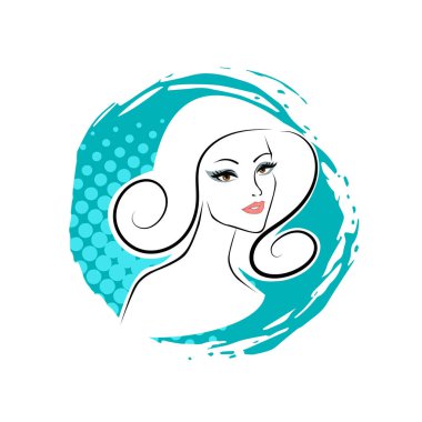 Kuaför Salonu ve Kozmetik Logosu Vektörü ile Şık Kadın Profili. Uzun Saçlı Zarif Kadın Başı Doğal Saç Bakımı ve Moda Logosu Simgesi