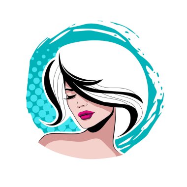 Yumuşak Dalgalı Soyut Kadın Yüzü Kuaför ve Güzellik İllüstrasyonu. Pürüzsüz Saç Spa ve Saç Tedavi Logosu Sembollü Serene Kadın Portresi. 