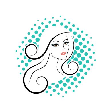 Kuaför Salonu ve Kozmetik Logosu Vektörü ile Şık Kadın Profili. Uzun Saçlı Zarif Kadın Başı Doğal Saç Bakımı ve Moda Logosu Simgesi