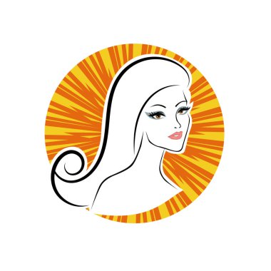 Kuaför Salonu ve Kozmetik Logosu Vektörü ile Şık Kadın Profili. Uzun Saçlı Zarif Kadın Başı Doğal Saç Bakımı ve Moda Logosu Simgesi