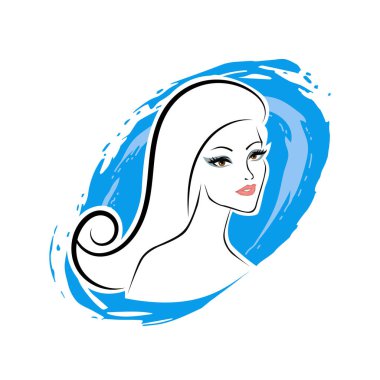 Kuaför Salonu ve Kozmetik Logosu Vektörü ile Şık Kadın Profili. Uzun Saçlı Zarif Kadın Başı Doğal Saç Bakımı ve Moda Logosu Simgesi