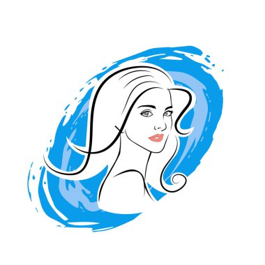 Kuaför Salonu ve Kozmetik Logosu Vektörü ile Şık Kadın Profili. Uzun Saçlı Zarif Kadın Başı Doğal Saç Bakımı ve Moda Logosu Simgesi