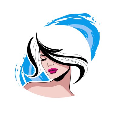 Yumuşak Dalgalı Soyut Kadın Yüzü Kuaför ve Güzellik İllüstrasyonu. Pürüzsüz Saç Spa ve Saç Tedavi Logosu Sembollü Serene Kadın Portresi. 