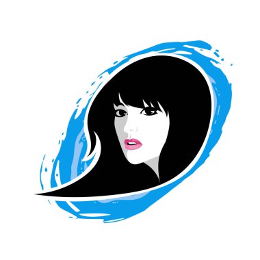 Yumuşak Dalgalı Soyut Kadın Yüzü Kuaför ve Güzellik İllüstrasyonu. Pürüzsüz Saç Spa ve Saç Tedavi Logosu Sembollü Serene Kadın Portresi. 