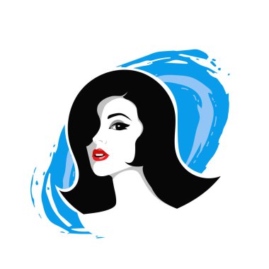 Yumuşak Dalgalı Soyut Kadın Yüzü Kuaför ve Güzellik İllüstrasyonu. Pürüzsüz Saç Spa ve Saç Tedavi Logosu Sembollü Serene Kadın Portresi. 