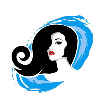 Yumuşak Dalgalı Soyut Kadın Yüzü Kuaför ve Güzellik İllüstrasyonu. Pürüzsüz Saç Spa ve Saç Tedavi Logosu Sembollü Serene Kadın Portresi. 