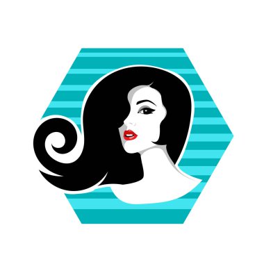 Yumuşak Dalgalı Soyut Kadın Yüzü Kuaför ve Güzellik İllüstrasyonu. Pürüzsüz Saç Spa ve Saç Tedavi Logosu Sembollü Serene Kadın Portresi. 