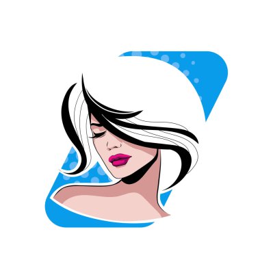 Yumuşak Dalgalı Soyut Kadın Yüzü Kuaför ve Güzellik İllüstrasyonu. Pürüzsüz Saç Spa ve Saç Tedavi Logosu Sembollü Serene Kadın Portresi. 