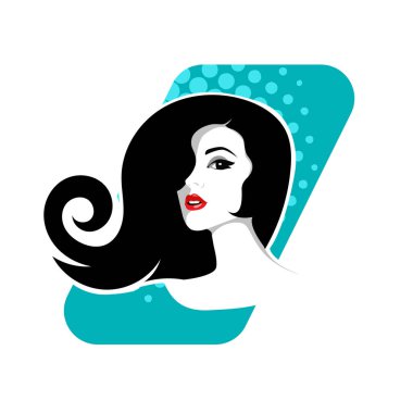 Yumuşak Dalgalı Soyut Kadın Yüzü Kuaför ve Güzellik İllüstrasyonu. Pürüzsüz Saç Spa ve Saç Tedavi Logosu Sembollü Serene Kadın Portresi. 