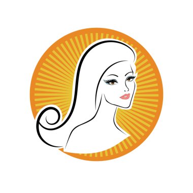 Kuaför Salonu ve Kozmetik Logosu Vektörü ile Şık Kadın Profili. Uzun Saçlı Zarif Kadın Başı Doğal Saç Bakımı ve Moda Logosu Simgesi