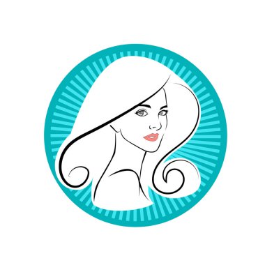 Kuaför Salonu ve Kozmetik Logosu Vektörü ile Şık Kadın Profili. Uzun Saçlı Zarif Kadın Başı Doğal Saç Bakımı ve Moda Logosu Simgesi