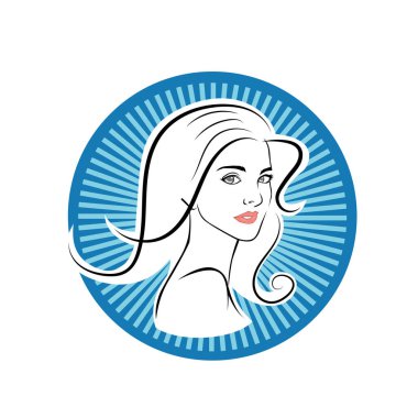 Kuaför Salonu ve Kozmetik Logosu Vektörü ile Şık Kadın Profili. Uzun Saçlı Zarif Kadın Başı Doğal Saç Bakımı ve Moda Logosu Simgesi
