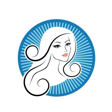 Kuaför Salonu ve Kozmetik Logosu Vektörü ile Şık Kadın Profili. Uzun Saçlı Zarif Kadın Başı Doğal Saç Bakımı ve Moda Logosu Simgesi