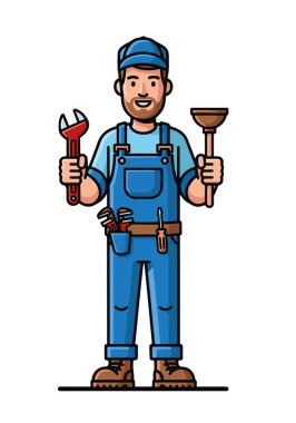 Wrench ve Plunger 'lı Tesisatçı veya Tamirci - Vektör İllüstrasyonu